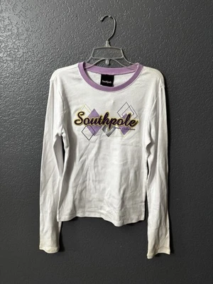 South Pole Jrs Large White Purple Long Sleeve Baby Doll Top Logo Skater Y2K - Image 1 of 4