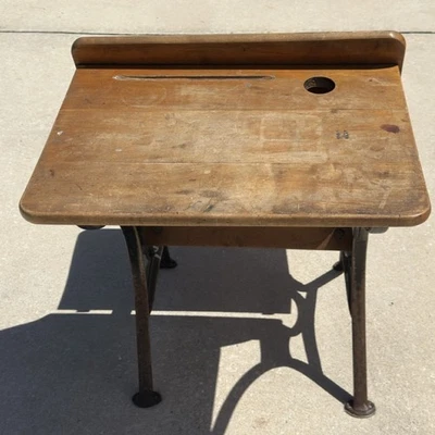 Vintage Child's School Desk with Inkwell Wood & Seat Folds - Image 1 of 4