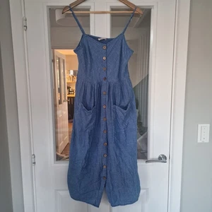 Ladies Strappy Summer Dress Blue Pinstripe With Button And Pocket Details - Picture 1 of 7
