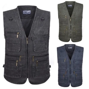 Men Multi Pocket Safari Gilet Waistcoat Vest Hiking Travel Sleeveless Jacket Top - Picture 1 of 9