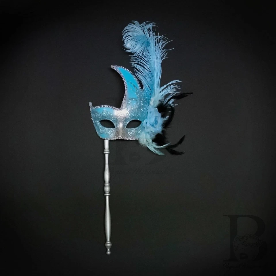 Holding Stick Party Mask | Feather Masquerade Mask Silver Mint Blue M6131 - Image 1 of 4