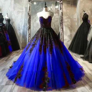 Royal Blue And Black Gothic Wedding Dresses Sweetheart Sleeveless Vintage Corset - Picture 1 of 4