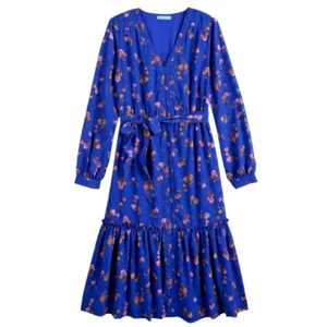 Draper James Cobalt Blue Floral Tie Waist Midi Dress Women's L Boho Prairie Chic - Bild 1 von 7