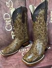 Women’s  Genuine Leather Full Tooled Square Toe Western Cowboy Boots 7000R-0821