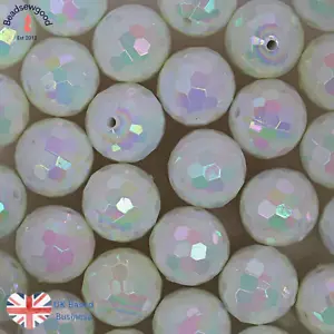10 Large White Iridescent Faceted Round Beads 19mm Beading Jewellery Making - Picture 1 of 4