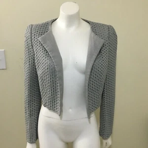 Escada Cropped Blazer Women's 40 Briddi Gray Wool Blend Eyelet Lace Open Jacket - Picture 1 of 12