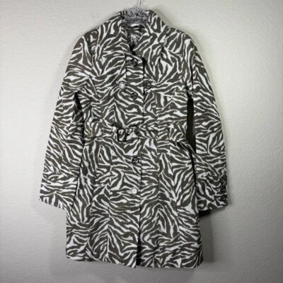 Guess Zebra Print Trench Coat Belted Button Front White Steel Women's S - Image 1 of 4