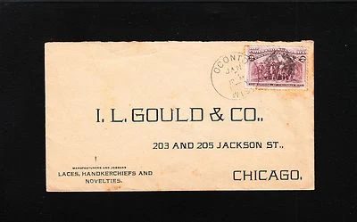 Oconto Wisconsin 1895 Preprint Gould & Co Laces Handkerchiefs Novelties Cover 2q - Image 1 of 2