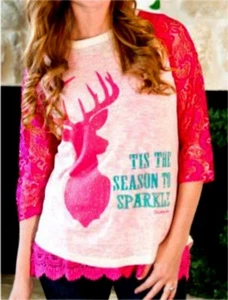Weihnachten TShirt Damen Glitzer Hot Pink Hirsch Spitze 3/4 Arm Raglan - Bild 1 von 3