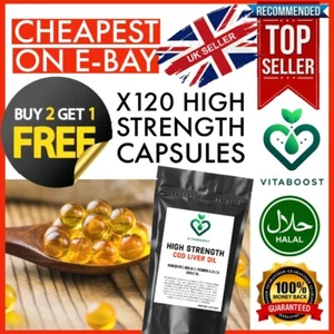 Cod Liver Oil 1000mg + Omega 3, Vits A, D & E - Heart Brain Joints HIGH STRENGTH - Picture 1 of 9