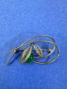 Sorrento Vermeil Style Silver Filigree Leaf Wire Green Stone Brooch Pin - Picture 1 of 5