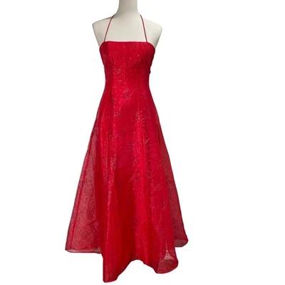 VTG 90s Juniors Red Sparkle Halter Dress Zum Zum by Niki Livas Ballgown Fairy - Image 1 of 4