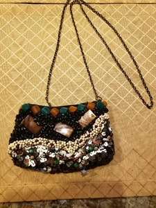 Black bead and sequin handbag by Mary Frances 4x6" Long Chain - Picture 1 of 8