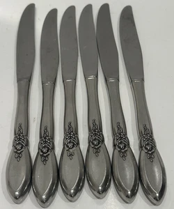 Vintage Edelstahl Tafelmesser 6er Set Markenlos Erhöhtes Blumenmuster - Bild 1 von 16