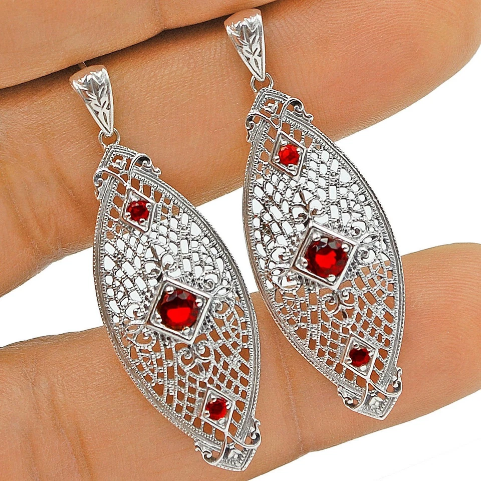1CT Fire Garnet 925 Sterling Silver Victorian Style Earrings Jewelry NU1-3 - Image 1 of 1