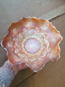 Scarce Marigold on Moonstone Fenton Carnival Glass Holly Pattern Ruffled Bowl - Picture 1 of 19