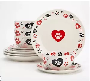 Temptations 12 Pcs. Dinnerware Set PAWFETTI Paw Print Dinner Salad Plate Bowl - Picture 1 of 24