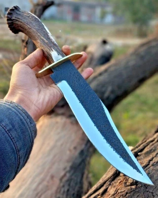 Faca de caça 17" feita à mão D2 aço faca bowie com cabo de veado EDC - Imagem 1 de 4