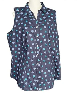 Talbots Top Button Up Sleeveless Plus Size 1X Navy Blue Starfish Shells NEW - Picture 1 of 7