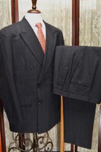 Gerald Austin 42 L charcoal windowpane check 100% Wool double breasted suit b1j7