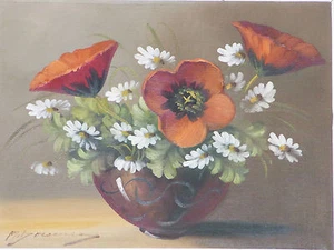 07B47 Antique Painting Hst Still Life Flowers Poppies Daisies Signed - Picture 1 of 9