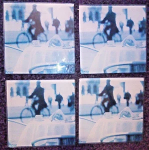 Glass Coasters x 4 Square 12x12 cm Abstract Scene Bike Tea Cup Table Street - Picture 1 of 2