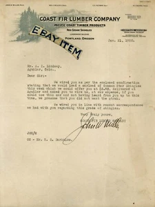 1920 LETTERHEAD Portland Oregon COAST FIR LUMBER signed by JOHN W. MILLER Putman - Picture 1 of 1