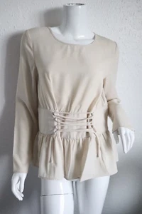 Camicetta/top donna nuovo con etichette beige peplo manica lunga corsetto stringato - M - Foto 1 di 6