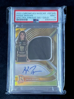 2022 Panini Chronicles Spectra Hailie Deegan Firesuit Auto GOLD PRIZM /5 PSA 9 - Image 1 of 2
