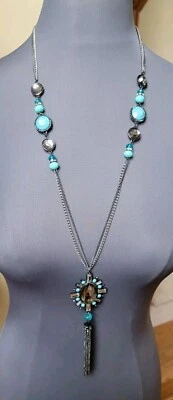 NUEVO SIN ETIQUETAS COLLAR CADENA CRISTAL LARGO TURQUESA Y CRISTALES AHUMADOS 32"+ 5" COLGANTE Foto 1 de 4