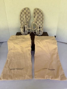 Louis Vuitton Damier Azur Leather Sandals Thong Flats Size 37 Size 7 box dustbag - Picture 1 of 13