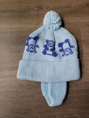 VTG 80s Blue Bears Pom Pom Toboggan Hat Ear Covers Approx. TODDLER SIZE FLAWS - Image 1 of 4