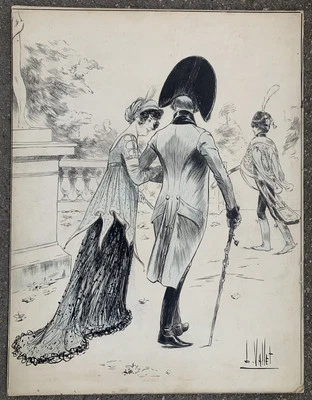 Dessin Original Encre Scène de Genre Élégant Parc Louis Vallet (1856-1940) - Photo 1/4