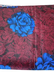 Vtg Ltweight Merry Mary Polyester Fabric Black/Red With Blue Roses 2.25 Yards - Picture 1 of 7