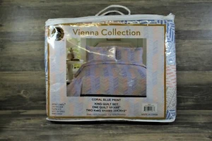 3 Pc Quilt  Set King Size  Coral Blue Print New - Picture 1 of 3
