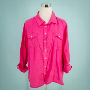 Talbots Size large L Pink Collared Button Long Tab Sleeve 100% Linen Top - Picture 1 of 7