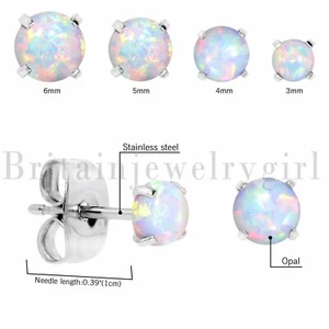 2PCS Stainless Steel Round White Fire Opal Stud Earrings For Women 3/4/5/6MM - Picture 1 of 4