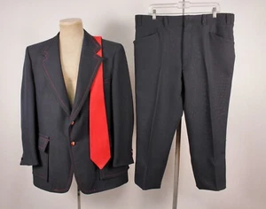 Mens VTG 70s 2 PC Navy Blue & Red Leisure Suit W Tie Sz L 1970s Polyester - Picture 1 of 16