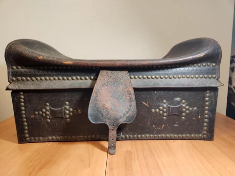 RARE ANTIQUE! 18th Century Handcrafted Brass Studded Leather Trunk, Lock Handles Cover
