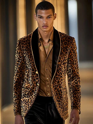 Hombres Blazer Chaqueta Calce Ajustado Terciopelo Leopardo Mantón Solapa Formal Fiesta Ropa Activa Foto 1 de 4