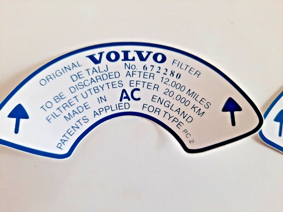 Pegatina filtro aire Volvo 672280 122S - Amazon, P1800, 142, 144, 145 Foto 1 de 1