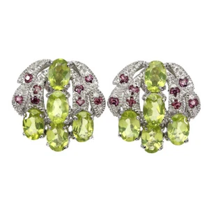 925 Sterling Silver Oval Peridot 6x4mm Rhodolite Garnet Earrings - Picture 1 of 10