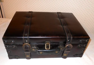 Vintage Brown Leather Steamer Trunk Suitcase w/Fastener Straps – 16” x 12” x 6” - Picture 1 of 19