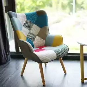 Poltrona Sedia Tessuto Patchwork Colorata Relax Vintage Gambe Legno Imbottita - Foto 1 di 5