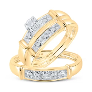Yellow-tone Sterling Silver His Her Diamond Matching Bridal Wedding Ring Set - Picture 1 of 5