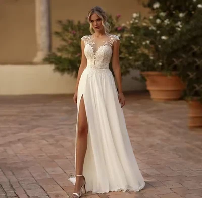 Lace Boho Wedding Dresses A line Side Split Appliqued Lace Bride Dress Chiffon - Image 1 of 4