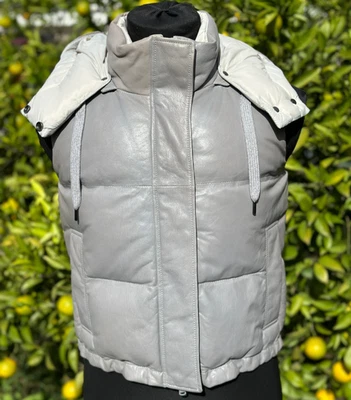 9259$ Brunello Cucinelli Leather Hooded Puffer Vest Piumino Monili Trim Size 38 - Image 1 of 4