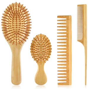 Set 4 PEZZI Spazzola per Capelli in Bambù con Pettine in Legno Naturale a Dente Largo e Coda Grande... - Foto 1 di 12
