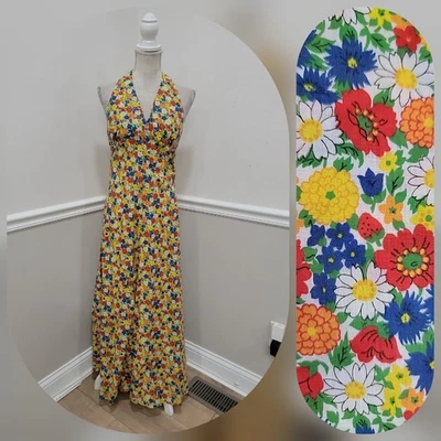 复古 20 世纪 70 年代挂脖花卉长裙黄色红色蓝色波西米亚节日 Sundre — 第 1/4 张图片