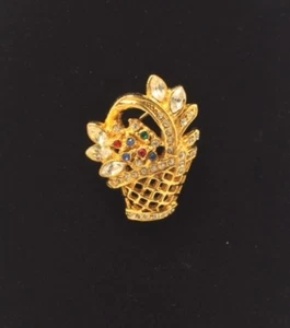VINTAGE CRYSTAL AND GOLD TONE FLOWER BASKET BROOCH PIN - Bild 1 von 3